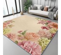 Washable Area Rugs Elegance Flowers Border Soft Low pile Pink Light Yellow Carpet Indoor Non-Slip Kids Rug 60 x 90 cm/24 x 35.4 Inch for Room Sofa Living Room Mat Bedroom Home Decor Floor Mats