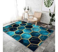 Washable Area Rugs for Living Room 140 x 200 cm, Luxury Geometry Hexagon Print Low Pile Blue Gold Area Rugs with Non-Slip Backing, Easy Clean Carpet for Bedroom Office Dining Room