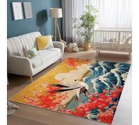 Washable Area Rugs for Living Room 160 x 230 cm, Japanese Style Plum Blossoms Birds Print Low Pile Red Blue Area Rugs with Non-Slip Backing, Easy Clean Carpet for Bedroom Office Dining Room
