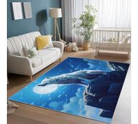 Washable Area Rugs for Living Room 80 x 150 cm, Fantasy Wolf Rocks Print Low Pile White Blue Area Rugs with Non-Slip Backing, Easy Clean Carpet for Bedroom Office Dining Room