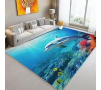 Washable Area Rugs, Soft Flannel Seaside Dolphins Coral Reefs Print Low Pile Non-Slip Non Shedding Colorful Area Rugs - Easy Clean Carpet 80 x 150 cm for Bedroom Office Dining Room
