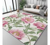 Washable Area Rugs Watercolor Flowers Peony Leaves Soft Low pile Pink Green Carpet Indoor Non-Slip Kids Rug 80 x 150 cm/31.4 x 59 Inch for Room Sofa Living Room Mat Bedroom Home Decor Floor Mats