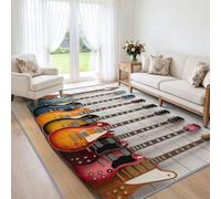 Washable Area Rugs Wood Plank Guitar, 120x170 cm | Soft Non Slip Short Pile Modern Music Distressed Rug, for Bedroom Dining Room Office