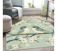 Washable Bird Floral Small Rugs for Bedroom, Entryway, Mats and Rugs, Branch Flower Green Bedroom Decor Area Rug, Non Slip Low Pile Soft Indoor Door Mat, 100 x 150 cm