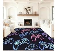 Washable Black Cool Vintage Low Pile Living Room Rugs | 160 x 230 cm Neon Game Console Controller Lines Rug with Anti-Slip, Pet Friendly Carpet for Lounge Kitchen Office Nursery