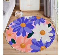 Washable Blue Round Area Rug 160cm, Soft Fluffy Retro Fashion Style Circle Carpet, Daisy Flowers Printed Low Pile Non Slip Floor Round Rugs, for Entryway Living Room Bedroom