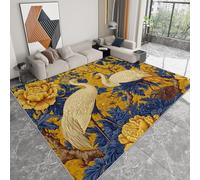 Washable Chinese Oriental Birds Floral Art Living Room Area Rug, Non-Shedding Non-Slip Soft Yellow Carpet for Dining Room Bedroom Kitchen Hall Lounge & Office 120 x 170 cm