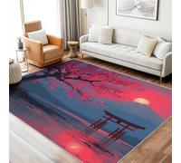 Washable Chinese Small Rugs for Bedroom, Entryway, Mats and Rugs, Mountain Sunset Tree Red Bedroom Decor Area Rug, Non Slip Low Pile Soft Indoor Door Mat, 100 x 150 cm