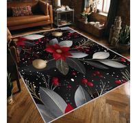 Washable Christmas Eve Rugs for Entryway, Floral Branch Leaf Bell Design Small Area Rug Bedroom Decor, Non Slip Low Pile Soft Indoor Door Mat, 40 x 60 cm, FD1279