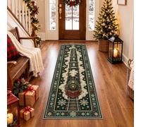 Washable Christmas Runner Rug 60x150cm, Green Magical Express Train rugs | Starry Night Floor Mat, Stain Resistant Soft Non Slip Carpet for Under Door, Narrow Hallway, Kitchen Sink