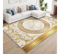 Washable Classical Marble Gold Greek Key Rug 120 x 170 cm | Soft Non-Slip Luxury Marble Rug, Living Room Durable Carpet for Bedroom, Dining Room, Kitchen, Office, Milky White