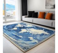 Washable Complex Ancient Coastal Ocean Waves Rug with Durable Edge Binding, Quality Blue Printed Carpet for Living Room, Indoor Outdoor Low-Pile Rugs 140 x 200 cm