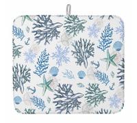Washable Dish Drying Pad Blue Coastal Beach Coral Ocean Nautical Starfish Drying Mat with Hanging Loop Drainer Rack Pads for Kitchen Counter Mug 46X61cm