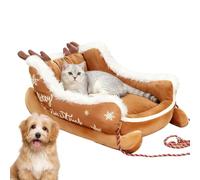 Washable Dog Bed - Warm Christmas Decor, Cute Sleigh Pull Rope, Rectangular Pet Beds, Super Soft Grey Orthopedic Puppy Bed with Antidera