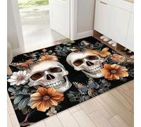 Washable Door Mats Indoor, 40x60cm Non-Slip Heavy Duty Stylish Skull Butterfly Flowers Rubber Mats, Machine Washable Illustration Soft Trapper, Perfect Black Dust Grabbing Doormats