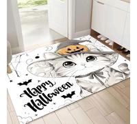 Washable Door Mats Indoor, 40x60cm Non-Slip Heavy Duty Stylish Witch Hat Cat Rubber Mats, Machine Washable Cartoon Soft Trapper, Perfect Brown White Dust Grabbing Doormats