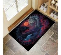 Washable Door Mats Indoor 60 x 120 cm Dragon Battle Non-Slip Entrance Rug Flames And Clouds Low-Profile Inside Doormats Absorbent Dirt Trapper Mat for Inside, Kitchen, Front & Back, Dark Red