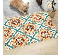 Washable Door Mats Indoor Moroccan Rhombus Geometry Floor Mat Traditional Ceramic Tile Floral Dirt Trapper Door Mat with Non Slip Rubber Back Super Absorbent Doormat for Inside, Front Back Door, Brown