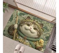 Washable Door Mats Indoor - Non-Slippery Heavy Duty Front Door Mat - Cute Fat Cat Dust Grabbing Doormats - Traditional Art Style Super Absorbent Entrance Mat (Sage Green, 60 X 90 Cm)