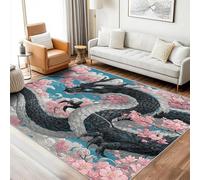 Washable Dragon Rugs for Living Room, Square Rugs 120 X 120 cm, Chinese Fantasy Animal Cherry Floral Design Area Rug Bedroom Decor, Non Slip Low Pile Soft Floor Carpet