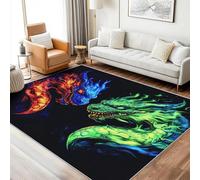 Washable Dragon War Rugs for Living Room, Ice Blue Green Orange Flame Design Area Rug Bedroom Decor, Non Slip Low Pile Soft Floor Carpet, 140 x 200 cm