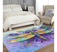 Washable Dragonfly Rugs for Living Room, Square Rugs 200 X 200 cm, Insect Flower Colorful Design Area Rug Bedroom Decor, Non Slip Low Pile Soft Floor Carpet