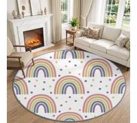 Washable Dreamy Fairytale Rainbow Colourful Polka Dots Round Rug 100cm | Soft Anti-Slip Playful Boho Circle Carpet, Warm Colour Printed Low Pile Rug Bedroom Bedside Office Dining Room Laundry Decor