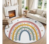 Washable Ethnic Romantic Dreamy Fairytale Rainbow Living Round Rug 100cm | Soft Anti-Slip Aesthetic Boho Circle Carpet, Warm Tone Printed Low Pile Rug Bedroom Bedside Office Dining Room Laundry Decor