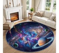 Washable Fantasy Sci-Fi Anti-Slip Round Rug 240cm Living, Midnight Blue | Low Pile Modern Universe Starry Sky Nebula Space Circle Rug, Stain & Fade Resistant Carpet for Bedroom Bedside, Home Decor