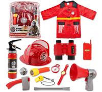 Washable Fireman Costume Set with 13 Fire Fighter Toy Accessories, Storage Backpack and Real Water Shooting Extinguisher - Great for Kids
