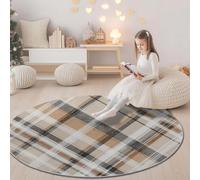 Washable Flannel Circle Rug 180 cm - Lightweight Soft Round Carpet, Plaid English Plaid Fabric Non-Slip Floor Mat for Bedroom Home Office or Entryway, Beige