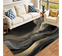 Washable Flannel Rug 140 x 200 cm, Modern Abstract Golden Fluid Waves Non-Slip Area Rug - Foldable Low Pile Door Mat Black Carpet for Bedroom Living Room Hallway Kitchen Entrance Lounge