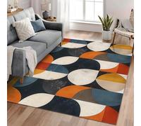Washable Geometry Area Rug - Soft Faux Short Pile, Non-Slip, Non-Shedding - 80cm x 150cm Navy Blue Burnt Orange Beige Stitching for Living Room, Bedroom, Lounge, Dining Room, Bedside - Easy Care