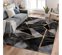 Washable Gold stripes Rug - 120cm x 180cm, Dark Grey Black Marble Design, Non-Slip, Short Pile Faux Wool, Soft Area Rugs for Living Room, Bedroom, Dining Room, Home Decoration Carpet