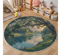 Washable Green Round Area Rug 100cm, Soft Fluffy Surreal Natural Scenery Circle Carpet, Trees Rivers Printed Low Pile Non Slip Floor Round Rugs, for Entryway Living Room Bedroom