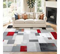 Washable Grey Minimalist Abstract Low Pile Living Room Rugs | 140 x 200 cm Gradient Geometric Squares Lines Rug with Anti-Slip, Pet Friendly Carpet for Lounge Kitchen Office Nursery