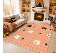 Washable Halloween Ghost Rug for Bedroom 120x120, Home Decor | Orange Buffalo Check Area Rugs, Living Room Accessories, Non Slip, Low Pile, Soft, Pattern Carpet WSJ246