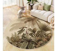 Washable Indoor Beige Round Rug 150cm, Non-Slip Low Pile Tropical Plants Circle Area Rugs, Soft Rainforest Palm Trees Print Carpet - for Bedroom Living Room Kids room Kitchen Entryway