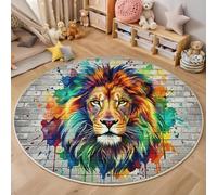 Washable Indoor Colorful Round Rug 100cm, Non-Slip Low Pile Wild Animals Graffiti Circle Area Rugs, Soft Lion Splashing Ink Print Carpet - for Bedroom Living Room Kids room Kitchen Entryway