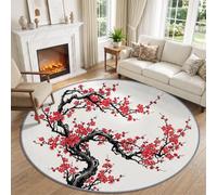 Washable Japanese Art Plants Branches Plum Blossom Living Round Rug 120cm | Soft Anti-Slip Traditional Oriental Circle Carpet, Cream White Low Pile Rug Bedroom Bedside Office Dining Room Laundry Decor