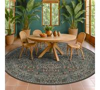 Washable Large Round Area Rug for Living Room, Vintage Round Rugs 8ft Non Slip, Soft Circle Carpet for Bedroom Under Bed, Dining Room Under Kitchen Table, Dark Green Floral Décor