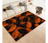 Washable Large Rug 160 x 230 cm, Non-Slip Soft Short Pile Flannel Carpet, Plant Leaf Stripe Dining Room & Lounge Decor - Dark Orange