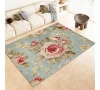 Washable Large Rug 160 x 230 cm, Non-Slip Soft Short Pile Flannel Carpet, Shabby Chic Rose Flower Dining Room & Lounge Decor - Light blue