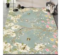 Washable Large Rugs for Living Room 200 x 250 cm, Non-Slip Soft Short Pile Carpet for Bedroom, Office, Dining Room, Kitchen Retro Pastoral Style Small Flowers Green