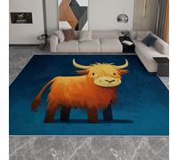 Washable Living Room Area Rug, Dark Blue Non Slip Vintage Animal Cartoon Highland Cow Short Pile Rugs for Bedroom Dining Room Kitchen Soft Faux Wool Indoor Floor Carpet 180x240cm