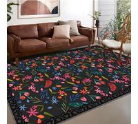 Washable Living Room Rug 70x140cm,Anti Slip,Short Pile Leaf Floral Pattern,for Balcony,Floor,Hearth,Black