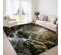 Washable Low Pile Forest Canyon Moss Rocks Mist Woods Area Rug 180x240 cm | Soft Flannel Nature Scenery Carpet, Anti-Slip Teal Green Rug for Bedroom Dining Room Office Kitchen Home Decor Floor Mat