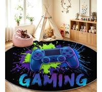 Washable Low Pile Round Area Rug Cartoon Gaming Style 140 cm Black | Soft Durable Material Carpet Letter Game Controller Paint Non-slip Area Rugs for Living Room, Dining Room, Bedroom Decor