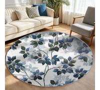Washable Low Pile Round Area Rug Watercolor Style Botanical 120 cm White | Soft Durable Material Carpet Flower Branch Leaf Non-slip Area Rugs for Living Room, Dining Room, Bedroom Decor