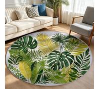 Washable Low Pile Round Area Rug Watercolor Tropical Botanical 180 cm White | Soft Durable Material Carpet Monstera Leaf Non-slip Area Rugs for Living Room, Dining Room, Bedroom Decor